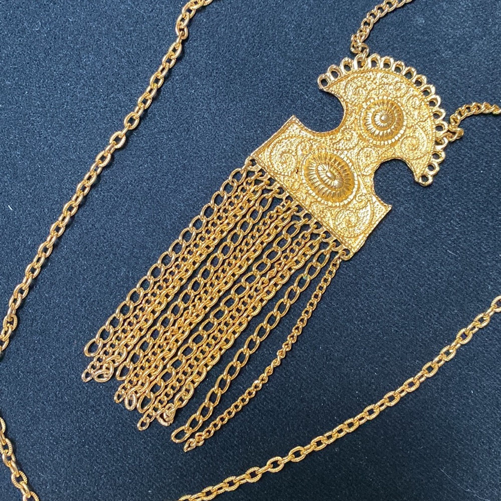 Etruscan style vintage Cleopatra tasseled Gold Chain Fringe Statement Necklace